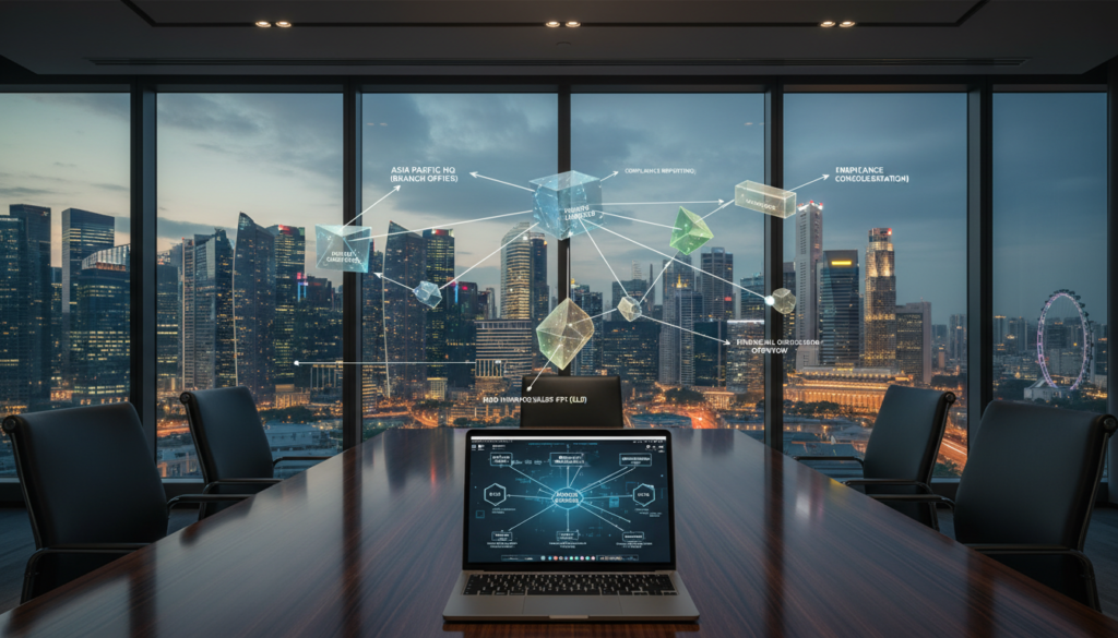 A detailed and photorealistic depiction of an entity structure diagram designed for cross-border operations, focusing on Singapore. In the foreground, showcase a sleek, modern conference table with a laptop open displaying a digital entity structure chart. In the middle ground, visualize various interconnected nodes representing different business entities like Private Limited, Limited Liability Partnership, and Branch Office, intricately linked with lines indicating workflows. The background features a panoramic view of Singapore's skyline through large glass windows, with vibrant city lights suggesting a bustling business environment. Soft, ambient lighting creates a professional atmosphere, while the lens captures the full depth of field, ensuring clarity across all elements. A detailed and photorealistic depiction of an entity structure diagram designed for cross-border operations, focusing on Singapore. In the foreground, showcase a sleek, modern conference table with a laptop open displaying a digital entity structure chart. In the middle ground, visualize various interconnected nodes representing different business entities like Private Limited, Limited Liability Partnership, and Branch Office, intricately linked with lines indicating workflows. The background features a panoramic view of Singapore's skyline through large glass windows, with vibrant city lights suggesting a bustling business environment. Soft, ambient lighting creates a professional atmosphere, while the lens captures the full depth of field, ensuring clarity across all elements.