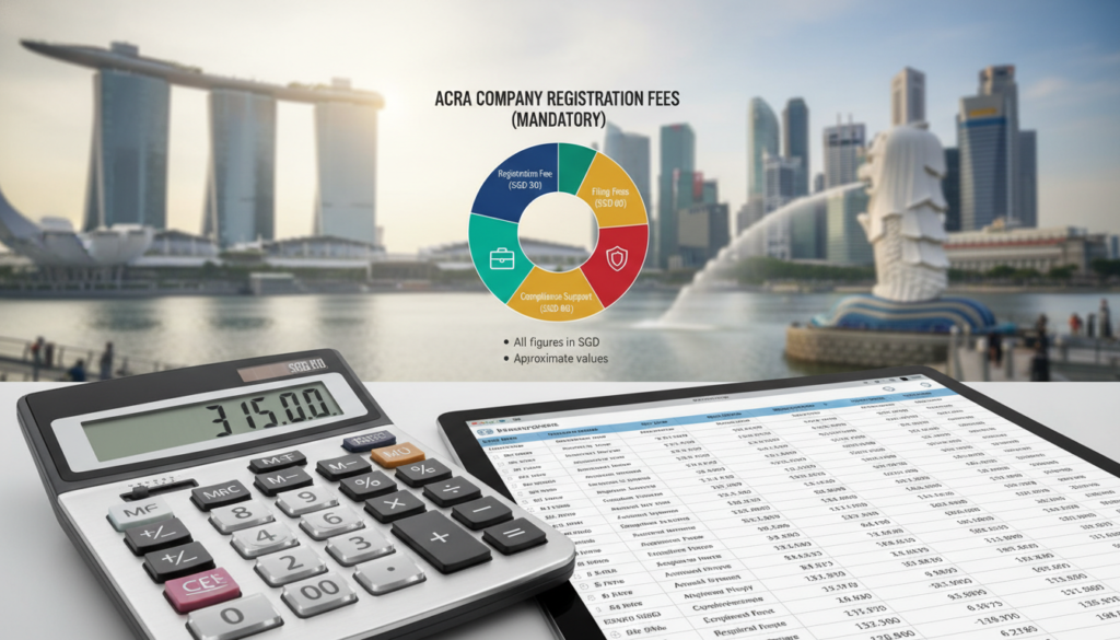 A detailed infographic breaking down the mandatory ACRA charges for company registration in Singapore. In the foreground, depict a sleek, modern calculator with clear buttons, and spreadsheets filled with figures. In the middle, illustrate a pie chart with vibrant colors representing different fee categories, such as registration fees, filing fees, and other mandatory charges. The background should feature a blurred skyline of Singapore, showcasing iconic landmarks like Marina Bay Sands and the Merlion, under soft, natural daylight. The overall mood is professional and informative, ideal for a business audience. Use a high-resolution, photorealistic style with bright lighting to emphasize clarity and detail. A detailed infographic breaking down the mandatory ACRA charges for company registration in Singapore. In the foreground, depict a sleek, modern calculator with clear buttons, and spreadsheets filled with figures. In the middle, illustrate a pie chart with vibrant colors representing different fee categories, such as registration fees, filing fees, and other mandatory charges. The background should feature a blurred skyline of Singapore, showcasing iconic landmarks like Marina Bay Sands and the Merlion, under soft, natural daylight. The overall mood is professional and informative, ideal for a business audience. Use a high-resolution, photorealistic style with bright lighting to emphasize clarity and detail.