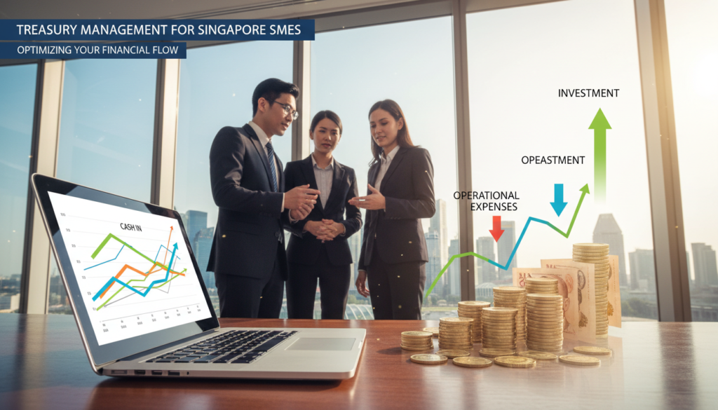 A detailed infographic representing "cash flow" in a professional treasury management context for SMEs in Singapore. In the foreground, a neatly arranged desk features a laptop displaying colorful financial graphs alongside piles of coins and banknotes, symbolizing positive cash flow. In the middle ground, a diverse group of three business professionals in smart attire discuss financial strategies, their expressions focused and engaged. The background showcases a modern skyline of Singapore, conveying a sense of business growth and prosperity. Natural light filters through a large window, casting a soft glow that enhances the inviting atmosphere of the scene. The camera angle is slightly tilted downwards, capturing both the desk's details and the vibrant cityscape beyond, evoking a sense of optimism and strategic thinking. A detailed infographic representing "cash flow" in a professional treasury management context for SMEs in Singapore. In the foreground, a neatly arranged desk features a laptop displaying colorful financial graphs alongside piles of coins and banknotes, symbolizing positive cash flow. In the middle ground, a diverse group of three business professionals in smart attire discuss financial strategies, their expressions focused and engaged. The background showcases a modern skyline of Singapore, conveying a sense of business growth and prosperity. Natural light filters through a large window, casting a soft glow that enhances the inviting atmosphere of the scene. The camera angle is slightly tilted downwards, capturing both the desk's details and the vibrant cityscape beyond, evoking a sense of optimism and strategic thinking.