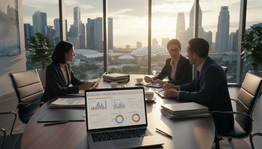 A detailed, photorealistic illustration depicting a professional setting with a diverse group of individuals dressed in business attire, collaborating at a sleek conference table. In the foreground, a laptop displays charts and graphs related to tax rules for remote work and employment income. The middle ground features colleagues engaged in discussion, with digital devices and tax documents spread out on the table. In the background, large windows showcase a modern Singapore skyline, bathing the room in natural light that evokes a productive atmosphere. The overall mood is focused and dynamic, highlighting the intersection of technology, finance, and international business in the context of Singapore's tax system for remote work. A detailed, photorealistic illustration depicting a professional setting with a diverse group of individuals dressed in business attire, collaborating at a sleek conference table. In the foreground, a laptop displays charts and graphs related to tax rules for remote work and employment income. The middle ground features colleagues engaged in discussion, with digital devices and tax documents spread out on the table. In the background, large windows showcase a modern Singapore skyline, bathing the room in natural light that evokes a productive atmosphere. The overall mood is focused and dynamic, highlighting the intersection of technology, finance, and international business in the context of Singapore's tax system for remote work.