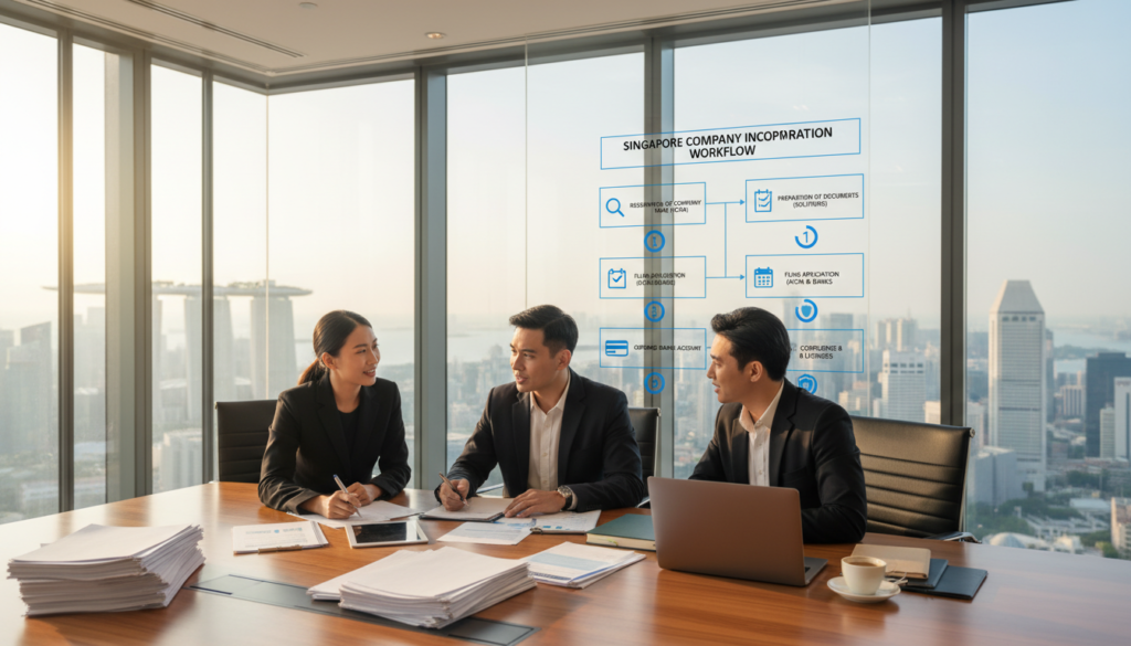 A detailed, photorealistic illustration of a step-by-step incorporation workflow for a company in Singapore. In the foreground, a diverse group of three business professionals—two women and one man—are dressed in smart business attire, engaged in a discussion around a large table spread with documents, a laptop, and a coffee cup. The middle ground showcases a flowchart detailing each step of the incorporation process, represented visually with arrows and icons like checklists and calendars. The background features a modern office setting with large windows showing a city skyline, soft natural lighting illuminating the space. The mood is collaborative and focused, conveying professionalism and efficiency in managing business operations. A detailed, photorealistic illustration of a step-by-step incorporation workflow for a company in Singapore. In the foreground, a diverse group of three business professionals—two women and one man—are dressed in smart business attire, engaged in a discussion around a large table spread with documents, a laptop, and a coffee cup. The middle ground showcases a flowchart detailing each step of the incorporation process, represented visually with arrows and icons like checklists and calendars. The background features a modern office setting with large windows showing a city skyline, soft natural lighting illuminating the space. The mood is collaborative and focused, conveying professionalism and efficiency in managing business operations.