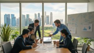 A detailed scene depicting a modern office environment in Singapore, showcasing professionals engaged in discussions around a large conference table. The foreground features a diverse group of business people in professional attire, analyzing financial documents and graphs on a laptop. The middle ground includes a large glass window revealing the iconic Singapore skyline with skyscrapers and greenery, symbolizing growth and opportunity. The background is softly blurred, filled with elements of a contemporary workspace: charts on the wall, a whiteboard with strategic notes, and indoor plants for a fresh feel. The lighting is bright and natural, with warm tones creating an inviting atmosphere. Capture the essence of collaboration and decision-making in the private equity investment landscape.