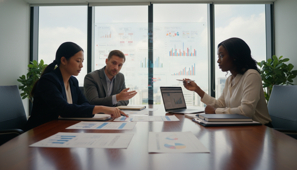 A detailed view of a professional office setting, focusing on an elegantly designed conference table filled with documents, laptops, and compliance-related materials. In the foreground, a diverse group of three business professionals in smart attire—one Asian woman, one Caucasian man, and one Black woman—are engaged in a serious discussion, analyzing payroll compliance reports. In the middle background, a large whiteboard displays charts and graphs related to CPF and reporting metrics. Soft, natural light filters in through large windows, creating a warm, focused atmosphere. The scene captures a sense of urgency and professionalism, emphasizing the importance of compliance in payroll for businesses in Singapore. The composition is shot from a slightly low angle to enhance the participants' stature, giving a sense of importance to their discussion. A detailed view of a professional office setting, focusing on an elegantly designed conference table filled with documents, laptops, and compliance-related materials. In the foreground, a diverse group of three business professionals in smart attire—one Asian woman, one Caucasian man, and one Black woman—are engaged in a serious discussion, analyzing payroll compliance reports. In the middle background, a large whiteboard displays charts and graphs related to CPF and reporting metrics. Soft, natural light filters in through large windows, creating a warm, focused atmosphere. The scene captures a sense of urgency and professionalism, emphasizing the importance of compliance in payroll for businesses in Singapore. The composition is shot from a slightly low angle to enhance the participants' stature, giving a sense of importance to their discussion.