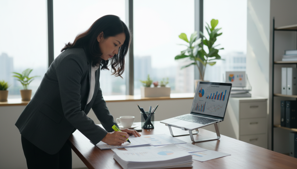 A detailed workspace focused on record-keeping for revenue income. In the foreground, a professional in business attire, a middle-aged Asian woman, meticulously reviewing printed financial documents and spreadsheets on a sleek wooden desk. Her expression is focused as she highlights important figures with a highlighter. In the middle ground, an open laptop displays graphs and charts related to revenue performance, casting a soft glow. The background shows a bright office space with large windows allowing natural light to filter in, creating an inviting atmosphere. Several potted plants add a touch of greenery, enhancing the sense of organization. The overall mood is one of professionalism and diligence, emphasizing accuracy through documentation and awareness of financial responsibilities. The image is photorealistic, captured from a slight angle to showcase both the desk activities and the bright office environment.