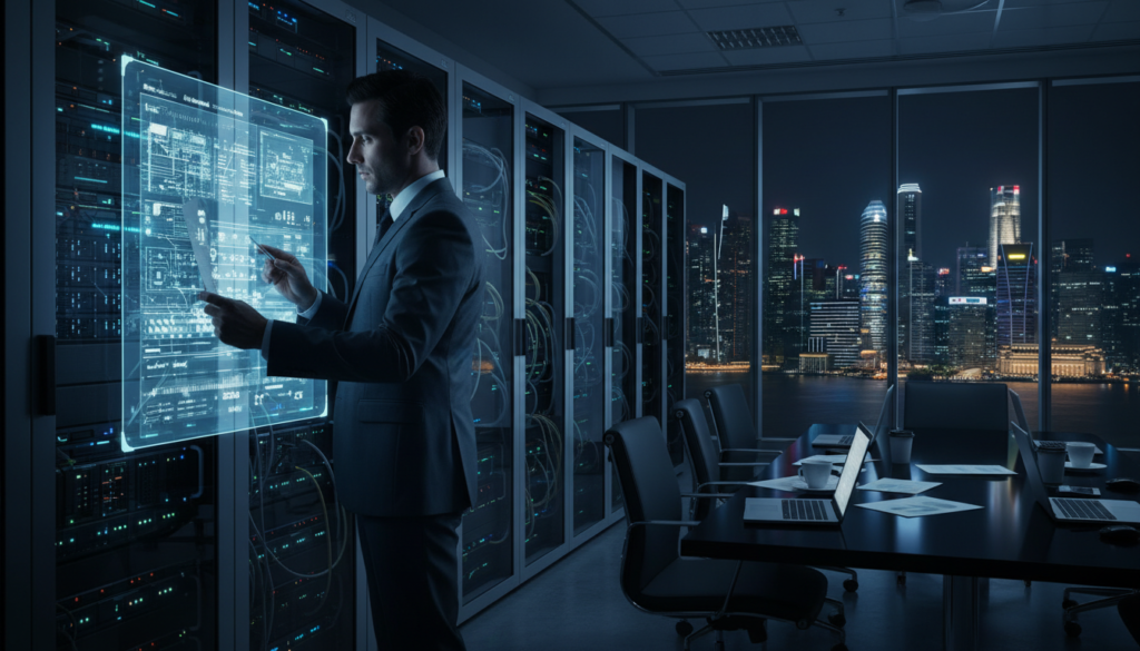 A dimly lit modern data room filled with sleek, high-tech equipment. In the foreground, a professional businessperson in formal attire examines digital documents on a large screen, focused and intent. The middle ground features rows of illuminated server racks and a sleek conference table with laptops open, emphasizing a high-stakes negotiation atmosphere. The background shows large windows revealing a nighttime cityscape of Singapore, with skyscrapers and lights glistening. The lighting is a mix of soft ambient light and sharp contrast from the screens, creating a blend of seriousness and urgency. The overall mood is intense yet focused, illustrating the critical phase of the exit process in a corporate environment. Photorealistic style, capturing intricate details and textures. A dimly lit modern data room filled with sleek, high-tech equipment. In the foreground, a professional businessperson in formal attire examines digital documents on a large screen, focused and intent. The middle ground features rows of illuminated server racks and a sleek conference table with laptops open, emphasizing a high-stakes negotiation atmosphere. The background shows large windows revealing a nighttime cityscape of Singapore, with skyscrapers and lights glistening. The lighting is a mix of soft ambient light and sharp contrast from the screens, creating a blend of seriousness and urgency. The overall mood is intense yet focused, illustrating the critical phase of the exit process in a corporate environment. Photorealistic style, capturing intricate details and textures.