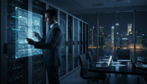 A dimly lit modern data room filled with sleek, high-tech equipment. In the foreground, a professional businessperson in formal attire examines digital documents on a large screen, focused and intent. The middle ground features rows of illuminated server racks and a sleek conference table with laptops open, emphasizing a high-stakes negotiation atmosphere. The background shows large windows revealing a nighttime cityscape of Singapore, with skyscrapers and lights glistening. The lighting is a mix of soft ambient light and sharp contrast from the screens, creating a blend of seriousness and urgency. The overall mood is intense yet focused, illustrating the critical phase of the exit process in a corporate environment. Photorealistic style, capturing intricate details and textures.