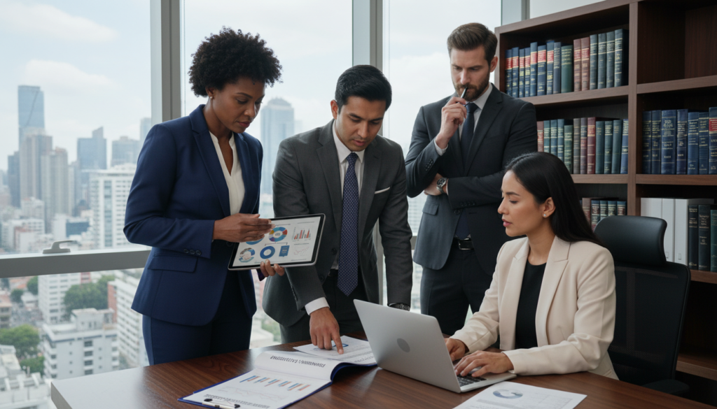A diverse group of four business professionals in a modern office setting, all dressed in formal business attire, engaged in a discussion about compliance. In the foreground, a middle-aged Black woman holding a tablet with charts, a South Asian man pointing at a document, and a Hispanic woman with a laptop. In the background, large windows show a city skyline, casting soft natural light over the room. A bookshelf with law and finance books lines one wall, adding to the atmosphere of professionalism. The scene conveys a serious yet collaborative mood, emphasizing the importance of screening and compliance in their roles.
