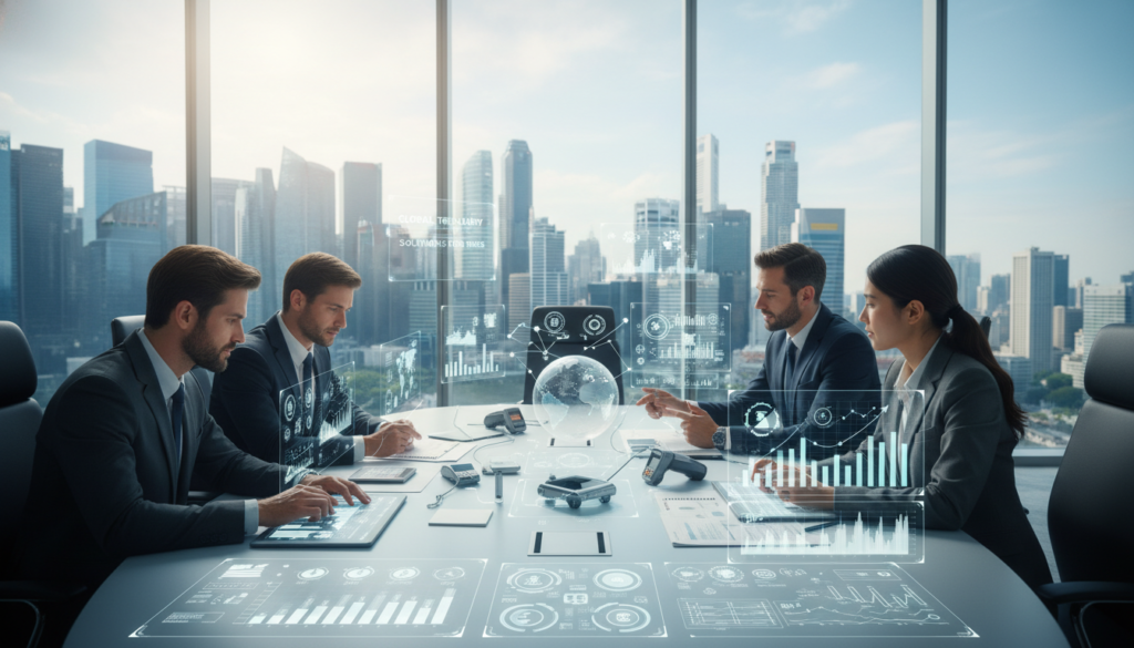 A futuristic office setting featuring a diverse business team engaged in a discussion about multi-currency accounts. The foreground captures two professionals—one male and one female—dressed in smart business attire, analyzing digital financial dashboards displayed on sleek tablets. In the middle, a modern conference table is cluttered with documents, currency symbols, and fintech tools. The background shows large windows with a panoramic view of Singapore’s skyline, illuminated by bright daylight. Soft, natural lighting fills the room, creating a vibrant atmosphere. The overall mood is one of collaboration and innovation, emphasizing the integration of technology in treasury management for SMEs. The image is photorealistic with a perspective focused on teamwork and modern finance. A futuristic office setting featuring a diverse business team engaged in a discussion about multi-currency accounts. The foreground captures two professionals—one male and one female—dressed in smart business attire, analyzing digital financial dashboards displayed on sleek tablets. In the middle, a modern conference table is cluttered with documents, currency symbols, and fintech tools. The background shows large windows with a panoramic view of Singapore’s skyline, illuminated by bright daylight. Soft, natural lighting fills the room, creating a vibrant atmosphere. The overall mood is one of collaboration and innovation, emphasizing the integration of technology in treasury management for SMEs. The image is photorealistic with a perspective focused on teamwork and modern finance.