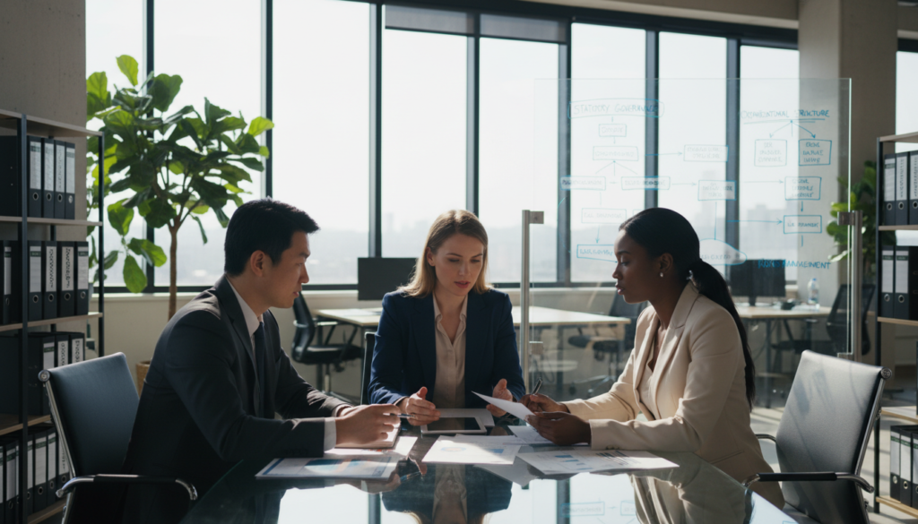 A high-quality, photorealistic image depicting the key requirements for a company director in an office setting. In the foreground, a diverse group of three professionals in formal business attire—one Asian male, one Caucasian female, and one Black female—is gathered around a polished conference table. They are discussing important documents and a laptop, symbolizing teamwork and decision-making. The middle ground showcases a large window with natural sunlight pouring in, illuminating the modern office space filled with potted plants and regulatory compliance materials. In the background, a sleek whiteboard displays flowcharts and organizational structures relevant to statutory governance. The mood is focused and professional, capturing the essence of corporate responsibility in a vibrant business atmosphere. A high-quality, photorealistic image depicting the key requirements for a company director in an office setting. In the foreground, a diverse group of three professionals in formal business attire—one Asian male, one Caucasian female, and one Black female—is gathered around a polished conference table. They are discussing important documents and a laptop, symbolizing teamwork and decision-making. The middle ground showcases a large window with natural sunlight pouring in, illuminating the modern office space filled with potted plants and regulatory compliance materials. In the background, a sleek whiteboard displays flowcharts and organizational structures relevant to statutory governance. The mood is focused and professional, capturing the essence of corporate responsibility in a vibrant business atmosphere.
