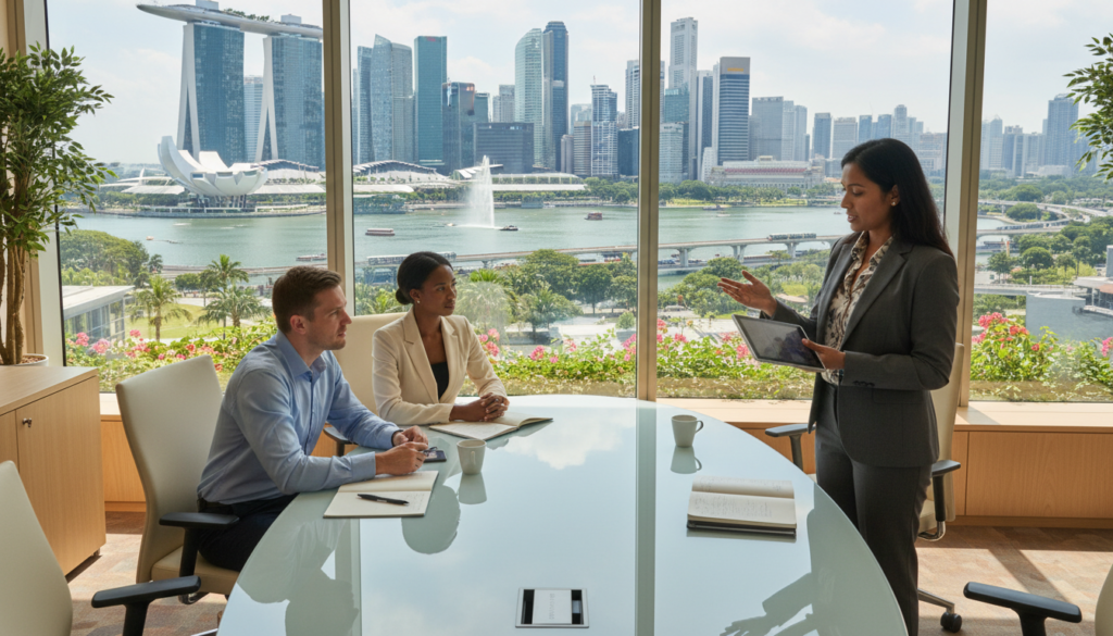 A high-resolution, photorealistic image depicting a modern office environment in Singapore, showcasing a diverse group of entrepreneurs engaged in a collaborative meeting. In the foreground, a South Asian woman in a tailored business suit is presenting ideas using a digital tablet, while a Caucasian man and a Black woman, both in professional attire, listen attentively at a sleek conference table. The middle of the image features a large window with a stunning view of Singapore's skyline, highlighting iconic structures like Marina Bay Sands and the Merlion. The background should be vibrant and bustling, with greenery and urban life visible outside. The lighting is bright and inviting, creating an optimistic atmosphere that reflects innovation and potential. The angle is slightly elevated, providing a clear view of the interaction and the surrounding environment.