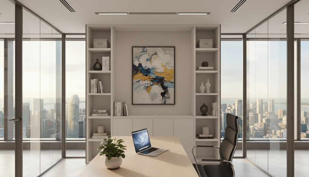 A modern CBD virtual office interior in Singapore, featuring sleek, minimalist design with glass walls that allow for natural light. In the foreground, a stylish office desk with a high-tech laptop, a potted plant for a touch of greenery, and a comfortable ergonomic chair. The middle ground showcases well-organized shelving and a wall with abstract art, adding sophistication. In the background, large windows reveal a panoramic view of Singapore's iconic skyline, with skyscrapers glistening in the afternoon sun. The atmosphere is professional and inviting, highlighting a balance of productivity and modern aesthetics. The lighting is bright and airy, enhancing the feeling of an innovative workspace. Ensure no human subjects are present. A modern CBD virtual office interior in Singapore, featuring sleek, minimalist design with glass walls that allow for natural light. In the foreground, a stylish office desk with a high-tech laptop, a potted plant for a touch of greenery, and a comfortable ergonomic chair. The middle ground showcases well-organized shelving and a wall with abstract art, adding sophistication. In the background, large windows reveal a panoramic view of Singapore's iconic skyline, with skyscrapers glistening in the afternoon sun. The atmosphere is professional and inviting, highlighting a balance of productivity and modern aesthetics. The lighting is bright and airy, enhancing the feeling of an innovative workspace. Ensure no human subjects are present.