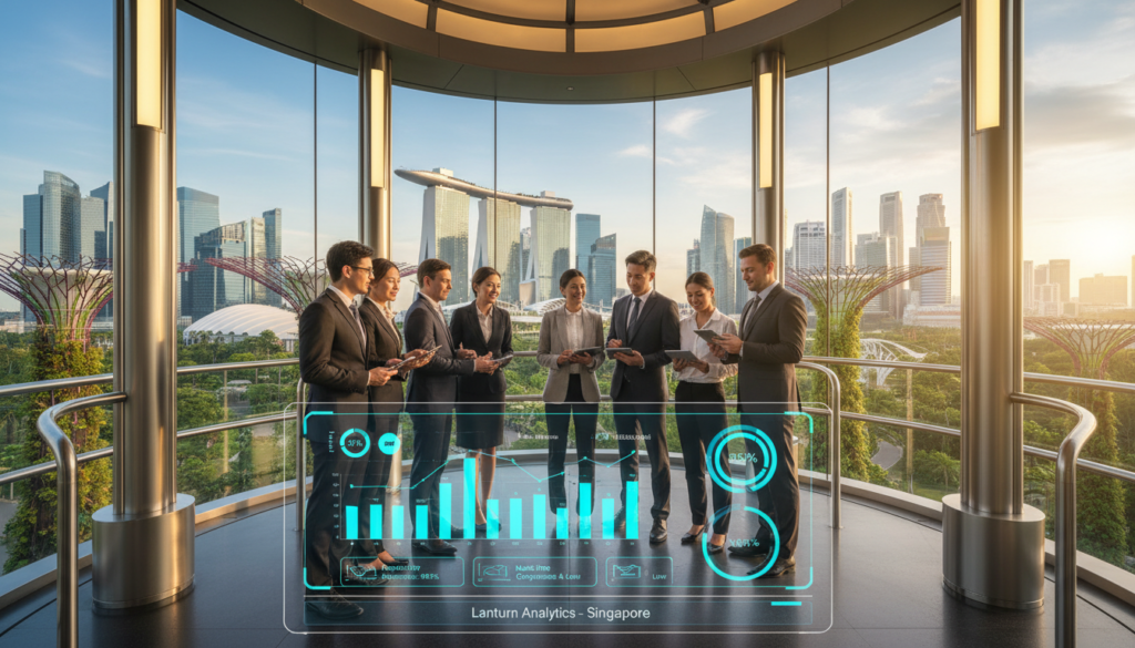 A modern Lanturn platform set against a serene backdrop reflecting Singapore's skyline. In the foreground, a sleek and innovative compliance dashboard interface is displayed, highlighting various business metrics and growth indicators. The middle layer features diverse professionals in smart business attire discussing strategies, their expressions showcasing collaboration and enlightenment. The background captures Singapore's iconic architecture, cleverly blending nature with modernity, under a bright blue sky with soft clouds. The lighting is warm and inviting, suggesting innovation and progress. The scene conveys an atmosphere of professionalism and forward-thinking, ideal for ongoing compliance and business growth in Singapore. Photorealistic style, captured at a slight angle to emphasize the platform and cityscape.