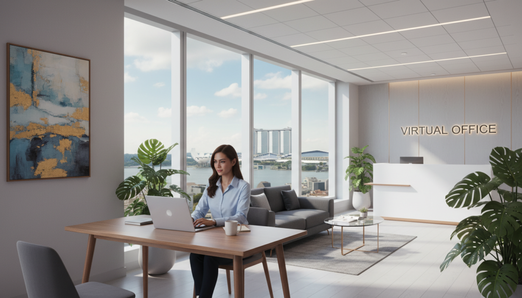 A modern and inviting virtual office setting in Singapore, showcasing a sleek, minimalist interior design. In the foreground, a professional businessperson dressed in smart casual attire is thoughtfully using a laptop at a stylish desk. The middle ground features a large window with a stunning view of Singapore's skyline, allowing natural light to flood the space. Potted plants and contemporary artwork add a touch of warmth to the environment. In the background, a reception area with a subtle signage indicating "Virtual Office" blends sophistication and functionality. The scene is illuminated by soft, diffused light to create a welcoming, productive atmosphere. The perspective captures the essence of a virtual office that emphasizes flexibility and professionalism.