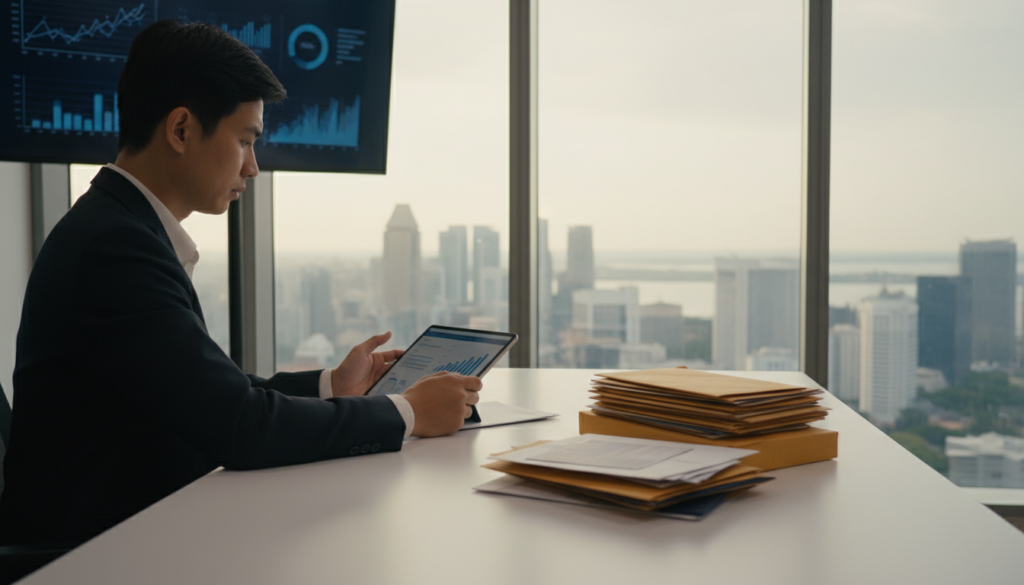 A modern, bright office environment with a sleek, minimalist design in the foreground. A professional-looking individual in business attire is seated at a desk, examining a digital tablet displaying scanned mail. On the desk, there's a neatly stacked pile of envelopes and packages ready for forwarding, showcasing a blend of local and international mail. In the middle ground, a large window reveals the iconic skyline of Singapore, filled with skyscrapers under soft afternoon lighting. To the background, a virtual communication screen is visible, depicting charts and graphs, hinting at a high-tech setup for remote work. The scene conveys a mood of efficiency and professionalism, emphasizing the importance of effective mail handling for remote teams and frequent travelers. A modern, bright office environment with a sleek, minimalist design in the foreground. A professional-looking individual in business attire is seated at a desk, examining a digital tablet displaying scanned mail. On the desk, there's a neatly stacked pile of envelopes and packages ready for forwarding, showcasing a blend of local and international mail. In the middle ground, a large window reveals the iconic skyline of Singapore, filled with skyscrapers under soft afternoon lighting. To the background, a virtual communication screen is visible, depicting charts and graphs, hinting at a high-tech setup for remote work. The scene conveys a mood of efficiency and professionalism, emphasizing the importance of effective mail handling for remote teams and frequent travelers.