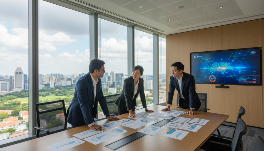 A modern corporate office setting in Singapore in 2026, featuring a sleek conference room with large glass windows overlooking a vibrant city skyline. In the foreground, a diverse group of three professionals—two men and one woman—are engaged in a discussion, all dressed in smart business attire. The atmosphere is serious yet collaborative, with charts and documents about compliance changes spread out on a polished oak table. Natural light floods the room, casting soft shadows. In the background, a digital screen displays abstract compliance graphics and key statistics relevant to Singapore’s evolving regulatory landscape. The overall mood conveys urgency and professionalism, highlighting the importance of compliance in a swiftly changing business environment.