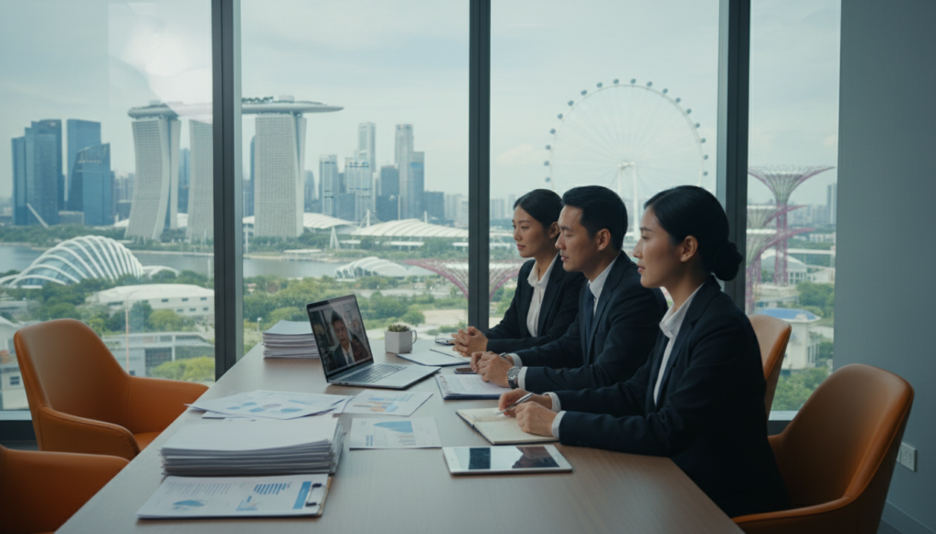 A modern home office in a sleek, contemporary style, featuring a large desk with a laptop and business documents scattered around. In the foreground, a diverse group of three professionals in smart business attire engage in a video conference, displaying calm focus and collaboration. In the middle ground, large windows reveal a bright city skyline with iconic Singapore landmarks in the background, suggesting a connection to Singapore despite the remote setting. Soft natural light illuminates the space, casting gentle shadows and creating a warm, productive atmosphere. The colors are vibrant yet calming, reflecting a sense of global business unity and professional potential, emphasizing the theme of business operation without physical relocation. A modern home office in a sleek, contemporary style, featuring a large desk with a laptop and business documents scattered around. In the foreground, a diverse group of three professionals in smart business attire engage in a video conference, displaying calm focus and collaboration. In the middle ground, large windows reveal a bright city skyline with iconic Singapore landmarks in the background, suggesting a connection to Singapore despite the remote setting. Soft natural light illuminates the space, casting gentle shadows and creating a warm, productive atmosphere. The colors are vibrant yet calming, reflecting a sense of global business unity and professional potential, emphasizing the theme of business operation without physical relocation.