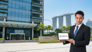A modern office building in Singapore, showcasing a sleek glass façade reflecting the vibrant city skyline. In the foreground, a well-dressed business professional in formal attire is standing confidently with a tablet in hand, representing a virtual office concept. The middle ground features the entrance of the office building with elegant signage indicating a prestigious business address. In the background, iconic Singapore landmarks can be seen, such as the Marina Bay Sands and the Singapore Flyer, under a clear blue sky. The lighting is bright and natural, emphasizing a sense of professionalism and trust. The overall mood conveys confidence and legitimacy, making it clear that this is a reputable location for establishing a business presence.