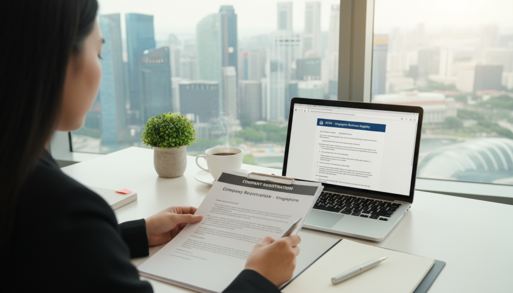 A modern office desk scene focused on the process of company registration in Singapore. In the foreground, a professional businesswoman in formal attire, intently reviewing documents and filling out forms, with a laptop displaying a company registration website. Beside her, a stack of paperwork labeled “Company Registration” and a pen. In the middle, a small indoor potted plant and a cup of coffee to create a warm atmosphere. The background features a bright office with a large window showing the Singapore skyline, bathed in natural light. The mood is focused and productive, with sharp details and a clear, clean composition, captured from a slightly elevated angle to showcase both the desk and the background view, creating a sense of professionalism and ambition.