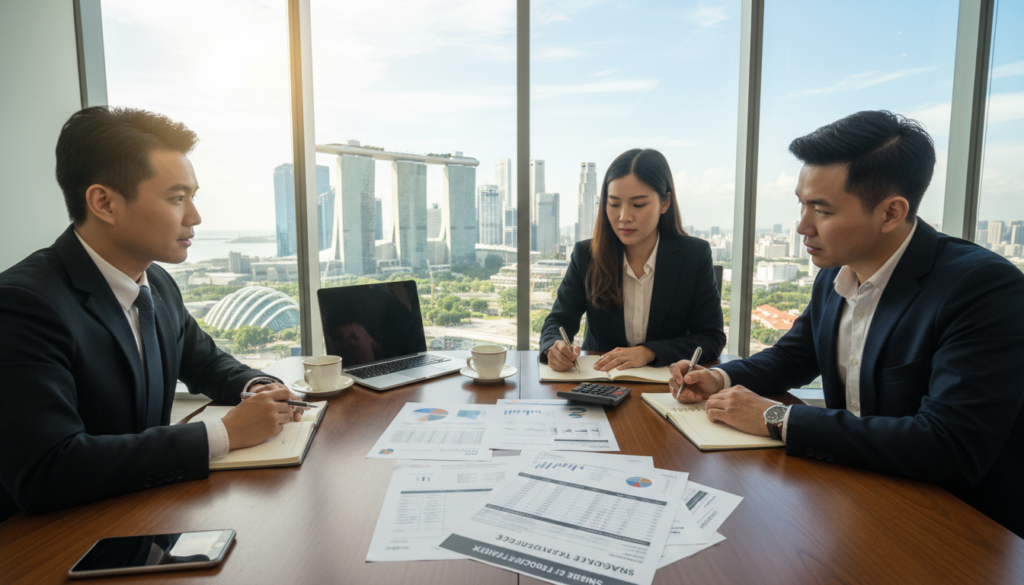 A modern office environment depicting the concept of corporate tax in Singapore. In the foreground, a diverse group of three professionals in business attire, focused on discussing a tax strategy; one is pointing to a financial document while the others take notes. The middle ground features a sleek conference table with laptops, tax forms, and a calculator, symbolizing corporate finance management. In the background, a large window showcases a skyline of Singapore, emphasizing the city's financial hub atmosphere during daylight, complemented by soft natural lighting. The image should evoke a sense of professionalism and collaboration, highlighting the complexity and importance of corporate tax in a business setting. Use a wide-angle lens for depth, ensuring clarity and focus on the professionals and their work. A modern office environment depicting the concept of corporate tax in Singapore. In the foreground, a diverse group of three professionals in business attire, focused on discussing a tax strategy; one is pointing to a financial document while the others take notes. The middle ground features a sleek conference table with laptops, tax forms, and a calculator, symbolizing corporate finance management. In the background, a large window showcases a skyline of Singapore, emphasizing the city's financial hub atmosphere during daylight, complemented by soft natural lighting. The image should evoke a sense of professionalism and collaboration, highlighting the complexity and importance of corporate tax in a business setting. Use a wide-angle lens for depth, ensuring clarity and focus on the professionals and their work.