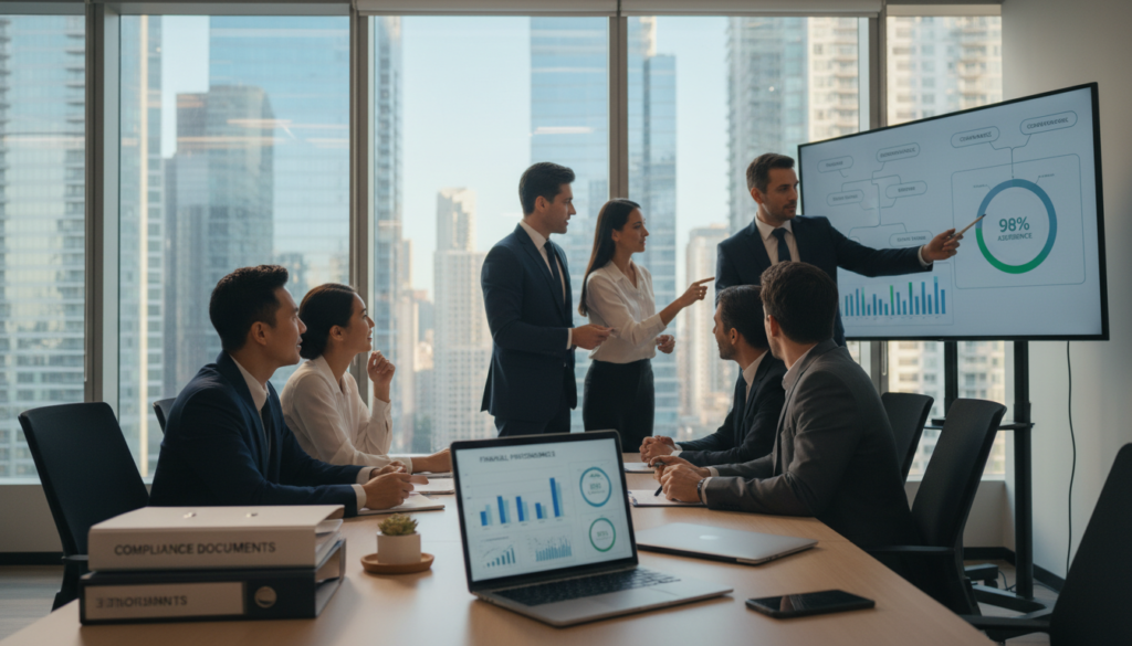 A modern office environment featuring a diverse group of professionals in business attire engaged in a discussion around a table. In the foreground, a well-organized desk with compliance documents, a laptop displaying financial graphs, and a plant for a touch of greenery. In the middle, the group is actively collaborating, pointing at charts on a large screen showing compliance metrics and governance frameworks. The background includes a sleek city skyline visible through large windows, illuminated by natural light, creating a dynamic and professional atmosphere. The scene conveys a sense of teamwork and professionalism, highlighting ongoing compliance and governance practices for holding companies. The image should be photorealistic, capturing fine details and a warm, inviting mood. A modern office environment featuring a diverse group of professionals in business attire engaged in a discussion around a table. In the foreground, a well-organized desk with compliance documents, a laptop displaying financial graphs, and a plant for a touch of greenery. In the middle, the group is actively collaborating, pointing at charts on a large screen showing compliance metrics and governance frameworks. The background includes a sleek city skyline visible through large windows, illuminated by natural light, creating a dynamic and professional atmosphere. The scene conveys a sense of teamwork and professionalism, highlighting ongoing compliance and governance practices for holding companies. The image should be photorealistic, capturing fine details and a warm, inviting mood.