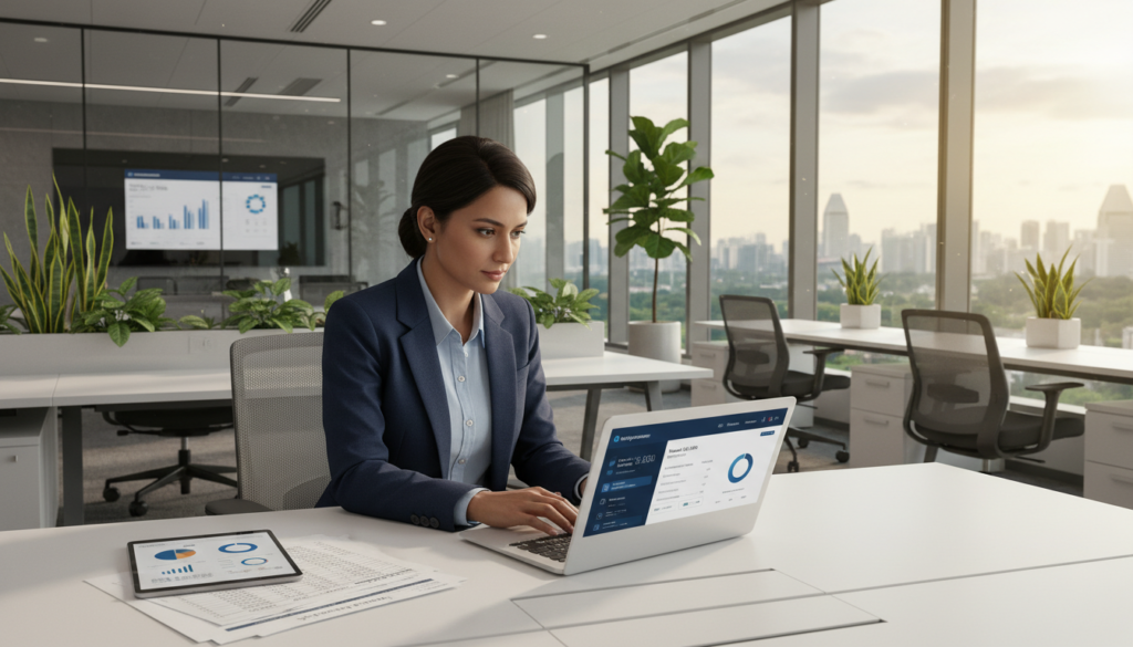 A modern office environment featuring a sleek, user-friendly expense management software interface displayed on a large laptop screen. In the foreground, a professional business person wearing smart casual attire is engaged in analyzing expenses, looking focused and determined. In the middle ground, office elements like charts and financial reports are visible, highlighting the transition from spreadsheets to advanced software solutions. The background shows a bright, well-lit office with greenery and contemporary furniture, symbolizing innovation. Soft natural lighting filters through large windows, creating a positive and productive atmosphere. Capture this scene with a high-resolution lens, emphasizing detail and realism, to convey the forward-thinking mindset of Singapore businesses in 2025.