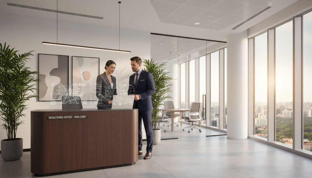 A modern office environment in Singapore, featuring a sleek reception area with a polished wooden desk, surrounded by potted plants and tasteful artwork. In the foreground, a professional looking businesswoman in a tailored suit is discussing documents with a businessman dressed in formal attire, both focused on a laptop displaying digital maps and data. The middle section showcases glass walls with a view of the skyline, emphasizing transparency and professionalism. Soft, natural light filters in through large windows, enhancing the clean lines of the space. The overall atmosphere is one of compliance and corporate sophistication, suitable for a registered office, illustrated in photorealistic detail.