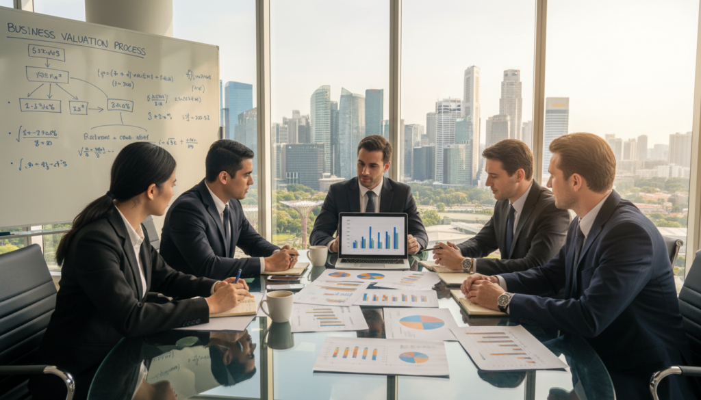 A modern office environment in Singapore serves as the setting, highlighting a conference room with a sleek glass table and stylish ergonomic chairs. In the foreground, a diverse group of business professionals in smart business attire engages in a discussion, analyzing financial documents and charts on a laptop. On the table, there are vibrant graphs representing valuation metrics and growth projections, conveying a collaborative atmosphere. The middle ground shows a large window with a view of Singapore's iconic skyline, with skyscrapers glinting in the afternoon sun. Soft, natural light floods the room, emphasizing a productive and optimistic mood. The background features a whiteboard filled with handwritten notes and diagrams, illustrating key points about business valuation processes. The image should be photorealistic, capturing the essence of professional evaluation in a cosmopolitan setting.