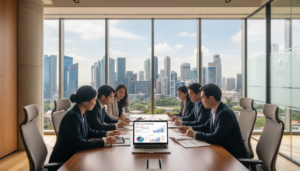 A modern office environment representing financial investing in Singapore's VCC fund structure. In the foreground, a diverse group of professionals in business attire discuss financial reports on a sleek table, with a glowing laptop displaying tax charts and graphs. The midground features large windows showcasing a panoramic view of Singapore's skyline, with iconic skyscrapers and greenery. In the background, soft, natural light from the windows creates an optimistic atmosphere, highlighting the importance of tax incentives for foreign investors. The scene should convey a sense of collaboration and opportunity in a sophisticated financial setting. The overall mood is professional yet inviting, reflecting a focus on investment and growth within the VCC framework. Photorealistic detail and clarity are paramount.