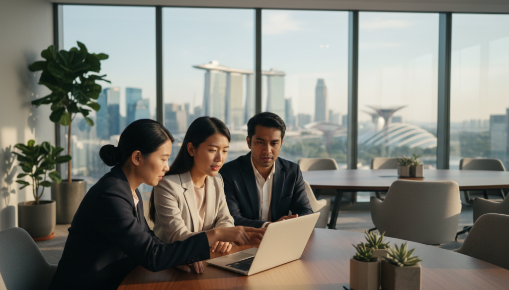A modern office environment showcasing a diverse group of professional virtual office providers in Singapore. In the foreground, three consultants in smart business attire engage in a collaborative discussion over a laptop, with one pointing at the screen while the others listen attentively. The middle layer features stylish office furniture, including a large conference table and comfortable seating, adorned with plants that add life to the scene. In the background, large windows provide a panoramic view of Singapore's iconic skyline, with soft natural light streaming in, creating an inviting atmosphere. The lens captures the scene with a slight depth of field, emphasizing the interaction among the providers while keeping the bustling cityscape softly blurred, contributing to a vibrant and professional mood. A modern office environment showcasing a diverse group of professional virtual office providers in Singapore. In the foreground, three consultants in smart business attire engage in a collaborative discussion over a laptop, with one pointing at the screen while the others listen attentively. The middle layer features stylish office furniture, including a large conference table and comfortable seating, adorned with plants that add life to the scene. In the background, large windows provide a panoramic view of Singapore's iconic skyline, with soft natural light streaming in, creating an inviting atmosphere. The lens captures the scene with a slight depth of field, emphasizing the interaction among the providers while keeping the bustling cityscape softly blurred, contributing to a vibrant and professional mood.
