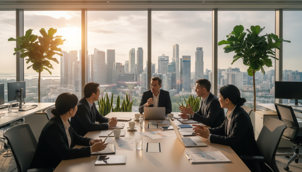 A modern office environment showcasing a private limited company setup in Singapore. In the foreground, a diverse group of professionals in business attire engage in a discussion around a sleek conference table filled with documents and digital devices. In the middle ground, a panoramic view of the iconic Singapore skyline through large windows, creating a bright and inspiring atmosphere. The background features contemporary office furniture and plants, adding a touch of nature. The lighting is warm and inviting, suggesting a productive workday, with soft sunlight filtering through the glass. The overall mood is energetic and collaborative, emphasizing the business theme of managing a company efficiently from abroad.