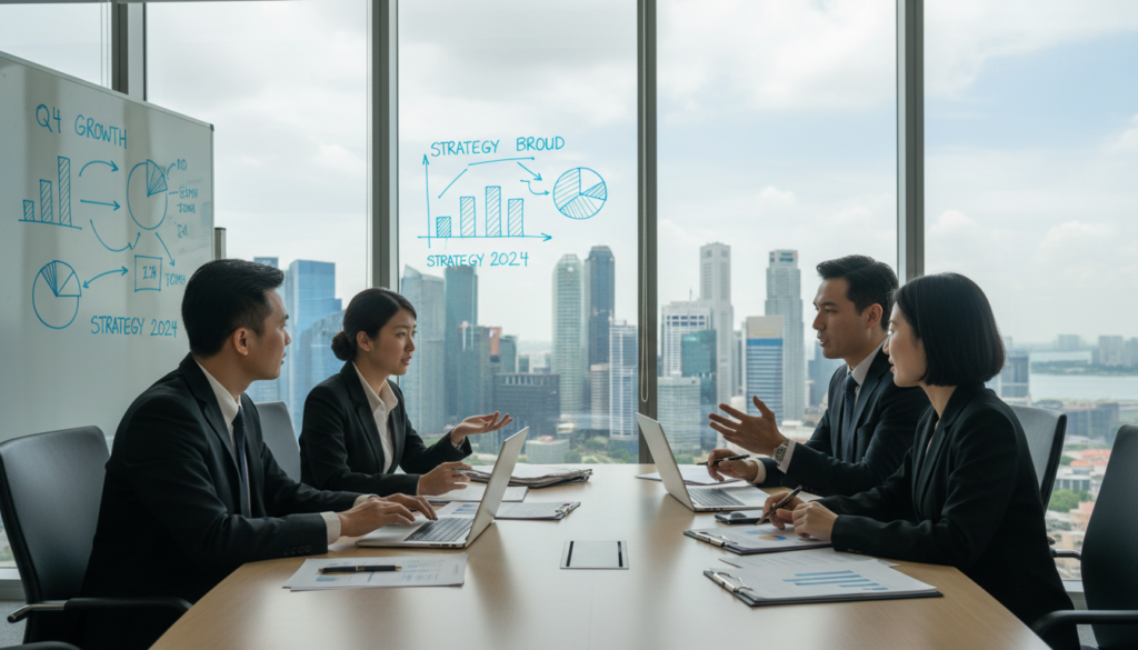 A modern office environment showcasing a professional scene where a diverse group of three businesspeople, dressed in smart business attire, are engaged in a discussion around a sleek conference table. In the foreground, there are laptops and paperwork spread out, emphasizing collaboration. The middle ground features a large window displaying an urban skyline of Singapore, hinting at the entity's location and global reach. In the background, colorful charts and graphs on a whiteboard reflect business growth and strategy. The lighting is soft yet bright, creating an inviting atmosphere, while the lens captures the scene from a slightly elevated angle, adding depth to the composition. The overall mood is focused and dynamic, embodying the essence of a private limited company. A modern office environment showcasing a professional scene where a diverse group of three businesspeople, dressed in smart business attire, are engaged in a discussion around a sleek conference table. In the foreground, there are laptops and paperwork spread out, emphasizing collaboration. The middle ground features a large window displaying an urban skyline of Singapore, hinting at the entity's location and global reach. In the background, colorful charts and graphs on a whiteboard reflect business growth and strategy. The lighting is soft yet bright, creating an inviting atmosphere, while the lens captures the scene from a slightly elevated angle, adding depth to the composition. The overall mood is focused and dynamic, embodying the essence of a private limited company.