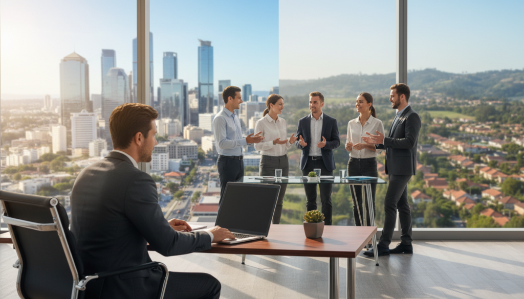A modern office environment showcasing the contrast between a Central Business District (CBD) and a suburban workspace. In the foreground, a well-dressed professional in formal attire reviews documents at a sleek desk adorned with a laptop and a plant. In the middle ground, a group of diverse clients engaged in discussions, indicative of collaboration and networking. In the background, a panoramic view splits between a bustling city skyline with high-rise buildings representing the CBD, and tranquil suburban landscapes with greenery and low-rise structures. Soft natural lighting enhances the professionalism, with a slightly blurred bokeh effect on the background to emphasize the central action. The mood is positive and dynamic, illustrating how location influences customer experience and business interactions. A modern office environment showcasing the contrast between a Central Business District (CBD) and a suburban workspace. In the foreground, a well-dressed professional in formal attire reviews documents at a sleek desk adorned with a laptop and a plant. In the middle ground, a group of diverse clients engaged in discussions, indicative of collaboration and networking. In the background, a panoramic view splits between a bustling city skyline with high-rise buildings representing the CBD, and tranquil suburban landscapes with greenery and low-rise structures. Soft natural lighting enhances the professionalism, with a slightly blurred bokeh effect on the background to emphasize the central action. The mood is positive and dynamic, illustrating how location influences customer experience and business interactions.