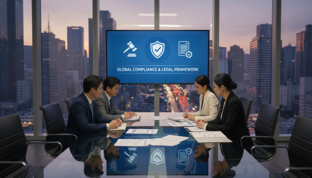 A modern office interior showcasing a glass conference table surrounded by sleek, ergonomic chairs. In the foreground, a diverse group of four professionals in business attire—two men and two women—are engaged in a serious discussion, with documents detailing compliance terms and client responsibilities laid out on the table. The middle ground features a large presentation screen displaying icons symbolizing compliance and legal agreements, with soft lighting highlighting the team’s focused expressions. In the background, a vibrant cityscape is visible through expansive windows, conveying a sense of professionalism and authority. The atmosphere is serious yet collaborative, captured with soft, natural lighting to emphasize transparency and clarity, using a wide-angle lens for an immersive perspective.