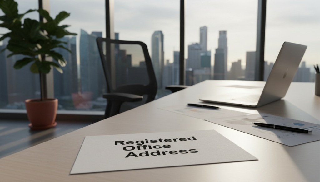 A modern office interior showcasing a sleek, minimalist desk with a laptop and paperwork. In the foreground, focus on a crisp, printed document labeled "Registered Office Address" prominently placed on the desk. The middle ground features a stylish office chair and a potted plant for a touch of greenery. In the background, soft natural light filters through large windows, illuminating a city skyline that suggests Singapore's urban landscape. The atmosphere is professional yet inviting, with warm tones creating a sense of stability and trust. The image should be photorealistic, captured at a slightly elevated angle to emphasize the workspace while maintaining clarity and detail in the foreground elements.