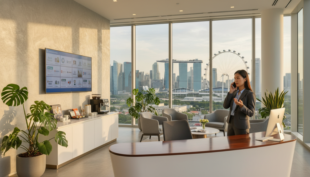 A modern office reception area in Singapore, featuring an elegant desk with a sleek computer and digital display showcasing virtual services. In the foreground, a professional woman in business attire is speaking on the phone, appearing engaged and efficient. The middle section includes stylish office decor with potted plants, a coffee station, and large windows allowing natural light to flood the space. In the background, a cityscape view of Singapore’s iconic skyline emphasizes the urban environment. Soft lighting creates a warm, inviting atmosphere. The composition is captured from a slightly elevated angle, providing a clear view of both the reception area and the vibrant skyline beyond, in a photorealistic style.