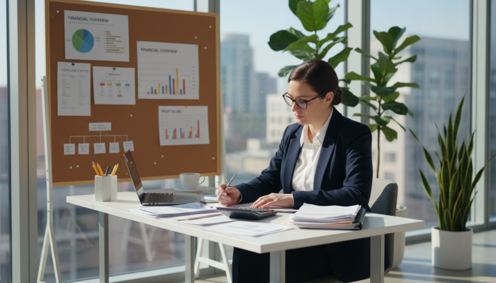 A modern office scene depicting a professional bookkeeper at work. In the foreground, a focused adult woman in smart business attire is sitting at a sleek desk, surrounded by organized paperwork, a laptop, and a calculator, analyzing financial documents. In the middle, a large corkboard displays colorful charts and graphs, showcasing growth and compliance metrics. The background features tall windows that let in natural light, casting a warm glow over the space, with potted plants nearby, adding a touch of greenery. The mood is productive and efficient, captured with a soft-focus lens to emphasize the bookkeeper's concentration and the tidy workspace.