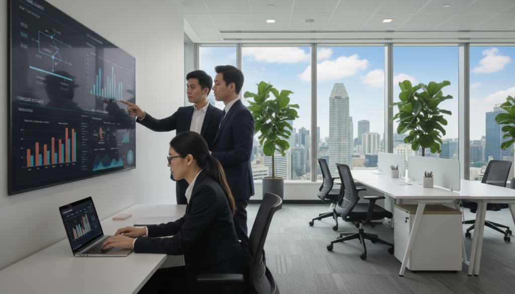A modern office scene illustrating cash flow visibility in treasury management, featuring a diverse group of professionals dressed in business attire. In the foreground, a focused Asian female financial analyst analyzes colorful graphs and cash flow data on a laptop, while a male colleague gestures towards a large digital screen displaying real-time cash flow dashboards. The middle ground showcases a stylish, open-plan office with sleek furniture, potted plants, and large windows that allow natural light to flood the space. In the background, city skyscrapers are visible through the glass, emphasizing the Singaporean business environment. The atmosphere is collaborative and vibrant, capturing the essence of successful treasury management. The image should have a professional and photorealistic quality, with soft, even lighting to convey a sense of clarity and optimism. A modern office scene illustrating cash flow visibility in treasury management, featuring a diverse group of professionals dressed in business attire. In the foreground, a focused Asian female financial analyst analyzes colorful graphs and cash flow data on a laptop, while a male colleague gestures towards a large digital screen displaying real-time cash flow dashboards. The middle ground showcases a stylish, open-plan office with sleek furniture, potted plants, and large windows that allow natural light to flood the space. In the background, city skyscrapers are visible through the glass, emphasizing the Singaporean business environment. The atmosphere is collaborative and vibrant, capturing the essence of successful treasury management. The image should have a professional and photorealistic quality, with soft, even lighting to convey a sense of clarity and optimism.