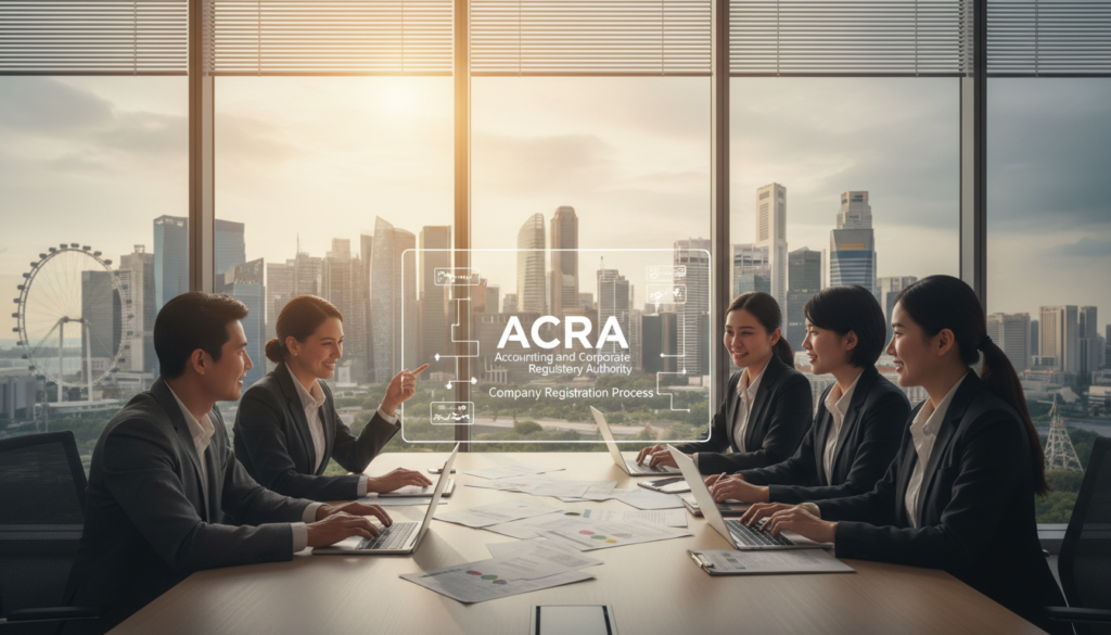 A modern office setting conveying the theme of remote company incorporation. In the foreground, a diverse group of professionals, dressed in smart business attire, gather around a sleek conference table, eagerly discussing incorporation documents and laptops. One individual points to a digital screen displaying the ACRA logo, emphasizing the incorporation process. In the middle ground, a vibrant city skyline can be seen through large windows, showcasing Singapore's iconic architecture, symbolizing growth and opportunity. In the background, a soft, warm light filters in, creating a welcoming and professional atmosphere. The scene captures a moment of collaboration and innovation in a photorealistic style, focusing on the dynamic energy of remote entrepreneurship. A modern office setting conveying the theme of remote company incorporation. In the foreground, a diverse group of professionals, dressed in smart business attire, gather around a sleek conference table, eagerly discussing incorporation documents and laptops. One individual points to a digital screen displaying the ACRA logo, emphasizing the incorporation process. In the middle ground, a vibrant city skyline can be seen through large windows, showcasing Singapore's iconic architecture, symbolizing growth and opportunity. In the background, a soft, warm light filters in, creating a welcoming and professional atmosphere. The scene captures a moment of collaboration and innovation in a photorealistic style, focusing on the dynamic energy of remote entrepreneurship.
