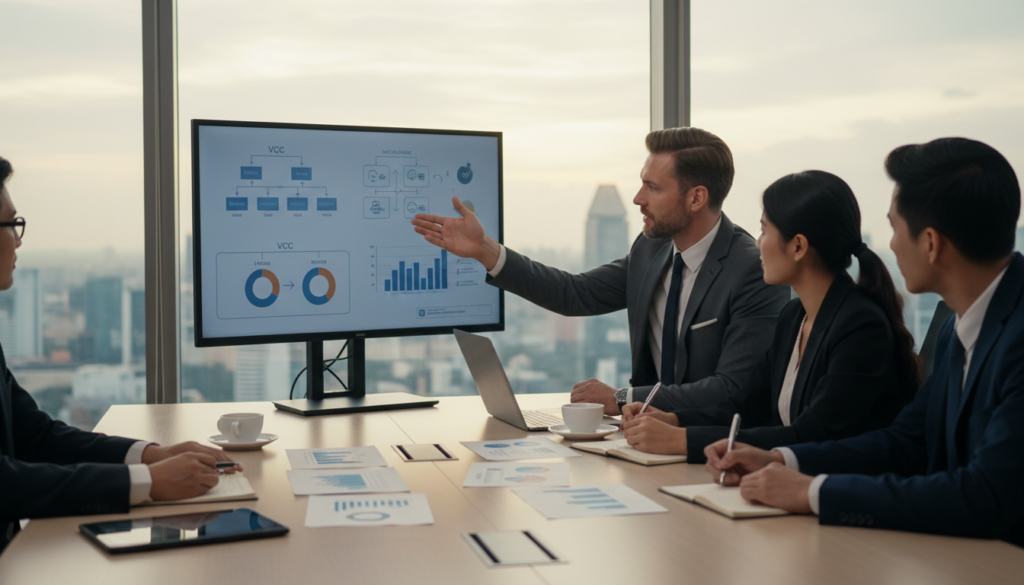 A modern office setting featuring a diverse group of business professionals engaged in a discussion about investment strategies related to a Variable Capital Company (VCC). In the foreground, a confident Caucasian male in a tailored suit points at a digital screen displaying financial graphs and VCC structures, while a focused Asian female professional taking notes in business attire. In the middle, a sleek conference table filled with documents and laptops, providing a sense of collaboration. The background showcases a panoramic view of Singapore’s skyline through large windows, illuminated by warm natural light, enhancing a feeling of prosperity and innovation. The overall mood is dynamic and forward-thinking, embodying the essence of investment opportunities in Singapore's VCC framework. Photorealistic, with depth of field focusing on the foreground professionals.