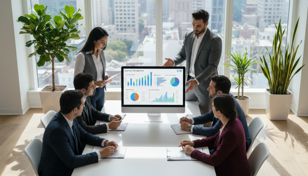 A modern office setting featuring a sleek computer screen displaying expense management software in a user-friendly interface, with colorful charts and graphs visualizing financial data. In the foreground, a diverse group of business professionals, dressed in smart business attire, are engaged in discussion around a conference table, pointing at the screen and reviewing documents. The middle background includes a large window with natural light streaming in, casting soft shadows across the room, and office plants that add a touch of greenery. The atmosphere is collaborative and focused, emphasizing productivity and professionalism. Capture the scene from a slightly elevated angle, highlighting both the screen and the engaged team. Aim for a photorealistic style with vibrant colors and crisp details to convey a sense of trust and reliability in expense management tools.