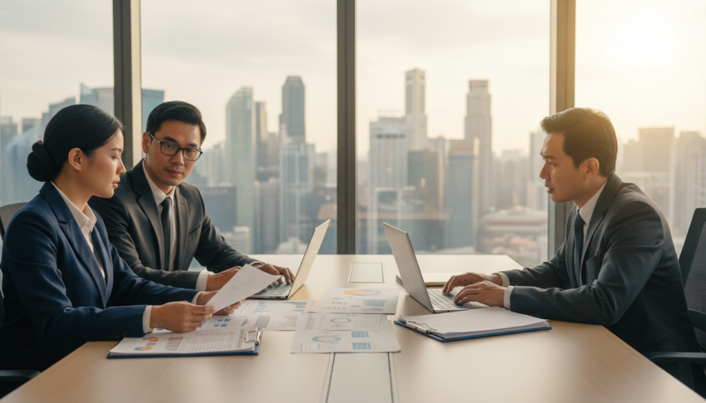 A modern office setting illustrating compliance companies within Singapore's financial sector. In the foreground, a diverse group of professional individuals in business attire, including a woman in a navy suit and a man in a gray suit, engaged in discussion over documents labeled "Financial Reports." The middle layer features a bright conference table adorned with laptops, financial statement papers, and compliance charts, showcasing a sense of urgency. In the background, large windows reveal a bustling Singapore skyline bathed in warm, natural light, symbolizing progress and accountability. The mood is serious yet hopeful, reflecting the importance of regulatory compliance and financial deadlines, captured with a sharp focus and soft depth of field to draw attention to the professionals. A modern office setting illustrating compliance companies within Singapore's financial sector. In the foreground, a diverse group of professional individuals in business attire, including a woman in a navy suit and a man in a gray suit, engaged in discussion over documents labeled "Financial Reports." The middle layer features a bright conference table adorned with laptops, financial statement papers, and compliance charts, showcasing a sense of urgency. In the background, large windows reveal a bustling Singapore skyline bathed in warm, natural light, symbolizing progress and accountability. The mood is serious yet hopeful, reflecting the importance of regulatory compliance and financial deadlines, captured with a sharp focus and soft depth of field to draw attention to the professionals.