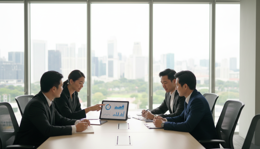 A modern office setting in Singapore, showcasing a group of diverse professionals engaged in cash flow management discussions. In the foreground, a mixed-gender team in professional business attire, analyzing financial charts and graphs on a tablet and laptop, with expressions of focus and collaboration. The middle ground features a sleek conference table surrounded by large windows that let in bright, natural light, enhancing a sense of transparency and openness. The background displays the iconic Singapore skyline, adding an urban and dynamic atmosphere. The image should be photorealistic, with a soft focus on the professionals, ensuring a warm and productive mood that conveys the importance of effective cash flow management for long-term success.