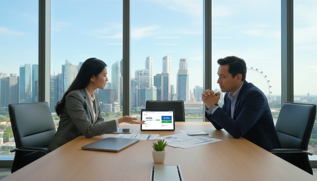 A modern office setting in Singapore showcasing a professional businesswoman and businessman engaged in a discussion. The foreground features a sleek wooden conference table with a laptop, paperwork, and a potted plant. In the middle, the businesswoman, dressed in a tailored suit, is pointing at a digital tablet displaying the ACRA and BizFile+ websites, illustrating the incorporation process. The businessman, in a formal shirt and blazer, is listening attentively. The background features large windows with a view of Singapore's iconic skyline, bathed in natural daylight, creating a bright and uplifting atmosphere. Use a wide-angle lens to capture the entire scene, emphasizing professionalism and collaboration in a vibrant corporate environment. A modern office setting in Singapore showcasing a professional businesswoman and businessman engaged in a discussion. The foreground features a sleek wooden conference table with a laptop, paperwork, and a potted plant. In the middle, the businesswoman, dressed in a tailored suit, is pointing at a digital tablet displaying the ACRA and BizFile+ websites, illustrating the incorporation process. The businessman, in a formal shirt and blazer, is listening attentively. The background features large windows with a view of Singapore's iconic skyline, bathed in natural daylight, creating a bright and uplifting atmosphere. Use a wide-angle lens to capture the entire scene, emphasizing professionalism and collaboration in a vibrant corporate environment.