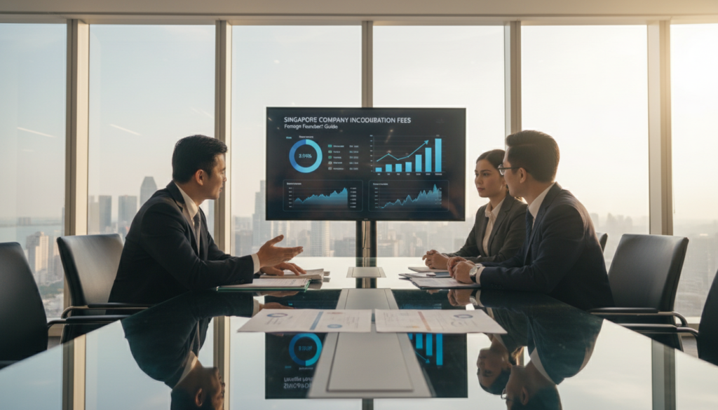 A modern office setting in Singapore, showcasing a sleek conference room with a large glass table and city skyline visible through floor-to-ceiling windows. In the foreground, three professionals in business attire—two men and one woman—are engaged in a discussion, pointing at documents that illustrate incorporation processes for foreign founders. The middle ground includes a digital display showing financial charts and related graphs. Natural light streams in, creating a bright and engaging atmosphere, while subtle reflections on the glass surface enhance the depth of the scene. The image conveys a sense of professionalism, ambition, and a globalized business environment, perfect for illustrating the nuances of incorporation fees in Singapore. A modern office setting in Singapore, showcasing a sleek conference room with a large glass table and city skyline visible through floor-to-ceiling windows. In the foreground, three professionals in business attire—two men and one woman—are engaged in a discussion, pointing at documents that illustrate incorporation processes for foreign founders. The middle ground includes a digital display showing financial charts and related graphs. Natural light streams in, creating a bright and engaging atmosphere, while subtle reflections on the glass surface enhance the depth of the scene. The image conveys a sense of professionalism, ambition, and a globalized business environment, perfect for illustrating the nuances of incorporation fees in Singapore.
