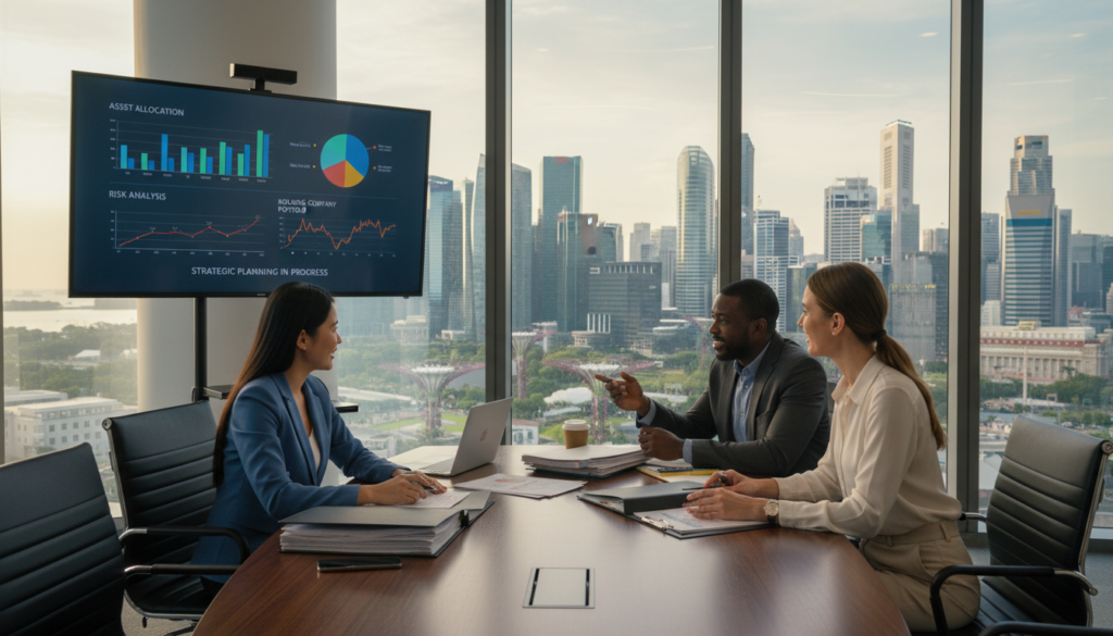A modern office setting showcasing a professional business environment. In the foreground, a diverse group of three business people—one Asian woman, one Black man, and one Caucasian woman—are engaged in a discussion around a sleek conference table filled with documents and a laptop. The middle section features a large digital screen displaying graphs and charts related to asset management and risk analysis. In the background, large windows provide a panoramic view of Singapore's skyline, with contemporary skyscrapers bathed in soft, natural light. The mood is focused and collaborative, emphasizing teamwork and strategic planning in a holding company context. The image should be photorealistic, showcasing attention to detail in the expressions of the individuals and the professional attire they wear. A modern office setting showcasing a professional business environment. In the foreground, a diverse group of three business people—one Asian woman, one Black man, and one Caucasian woman—are engaged in a discussion around a sleek conference table filled with documents and a laptop. The middle section features a large digital screen displaying graphs and charts related to asset management and risk analysis. In the background, large windows provide a panoramic view of Singapore's skyline, with contemporary skyscrapers bathed in soft, natural light. The mood is focused and collaborative, emphasizing teamwork and strategic planning in a holding company context. The image should be photorealistic, showcasing attention to detail in the expressions of the individuals and the professional attire they wear.