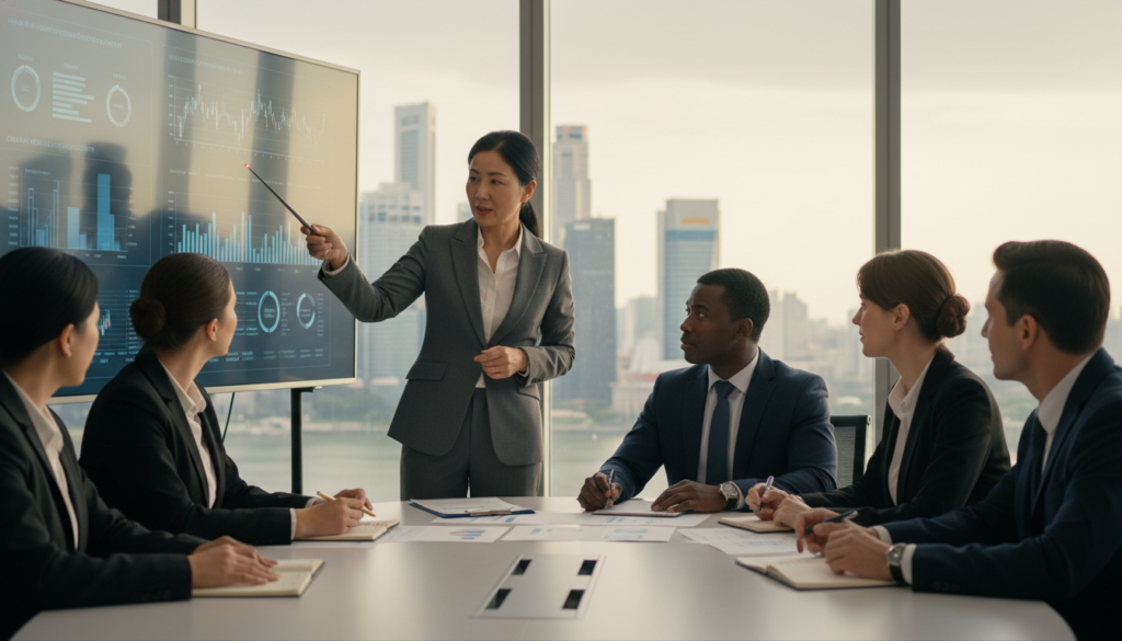A modern office space symbolizing variable capital companies, showcasing a diverse group of business professionals engaged in a collaborative meeting. In the foreground, a middle-aged Asian woman in a tailored suit is discussing financial charts displayed on a large screen. In the middle, a diverse group comprising a Black male investor and a Caucasian female analyst are taking notes and analyzing documents, emphasizing teamwork and investment strategies. The background features a panoramic window with a view of Singapore’s skyline, bathed in soft, natural light. Use a shallow depth of field to create focus on the professionals while gently blurring the cityscape. The atmosphere is vibrant yet professional, reflecting innovation and opportunity in the financial sector.