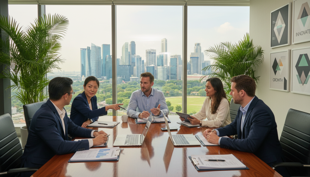 A modern, photorealistic office setting in Singapore, focusing on a sleek conference table with documents and laptops scattered about. In the foreground, a diverse group of professionals in business attire—Asian, Caucasian, and Middle-Eastern individuals—are engaged in a discussion. The middle layer features a large window showcasing the iconic Singapore skyline, with skyscrapers and greenery blending harmoniously. The atmosphere is focused and collaborative, illustrated by warm, natural lighting casting soft shadows in the room. The background includes motivational artwork on the walls and potted plants, adding a sense of professionalism and innovation to the space. The image conveys a sense of dynamic teamwork and strategic planning involved in incorporating a management company in Singapore.