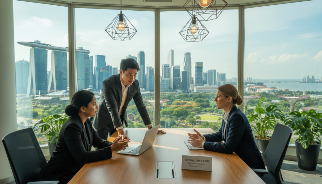 A modern, photorealistic office space in Singapore, featuring a sleek desk with a laptop and a business address card prominently displayed. In the foreground, a diverse group of three professionals in smart business attire are engaged in discussion, displaying expressions of collaboration and focus. The middle layer includes contemporary office decor, such as greenery and stylish lighting fixtures, while the background shows a panoramic window with a stunning view of Singapore’s skyline, blending urban elements with nature. The lighting is bright and natural, suggesting a productive work environment. The overall atmosphere conveys efficiency and professionalism, perfect for a virtual office setup.