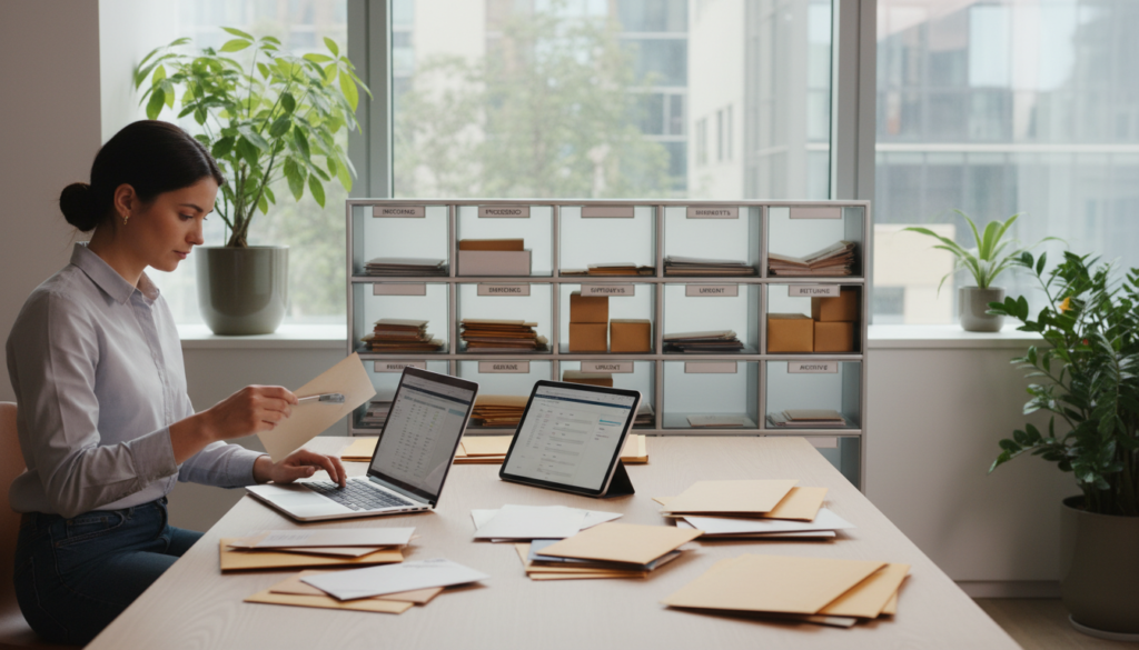 A modern, professional mail handling office environment, showcasing a sleek desk with an organized array of letters and packages. In the foreground, a focused startup founder, dressed in smart casual attire, is opening an envelope while using a laptop. The middle ground features a dedicated mail management system with bins labeled for sorting, creating a sense of order. The background shows a large window with natural light pouring in, illuminating the workspace and plants. A serene atmosphere is complemented by soft, neutral colors and a minimalist design, emphasizing efficiency and professionalism in a virtual office setting. The image is photorealistic, captured from a slightly elevated angle to showcase the depth of the workspace. A modern, professional mail handling office environment, showcasing a sleek desk with an organized array of letters and packages. In the foreground, a focused startup founder, dressed in smart casual attire, is opening an envelope while using a laptop. The middle ground features a dedicated mail management system with bins labeled for sorting, creating a sense of order. The background shows a large window with natural light pouring in, illuminating the workspace and plants. A serene atmosphere is complemented by soft, neutral colors and a minimalist design, emphasizing efficiency and professionalism in a virtual office setting. The image is photorealistic, captured from a slightly elevated angle to showcase the depth of the workspace.