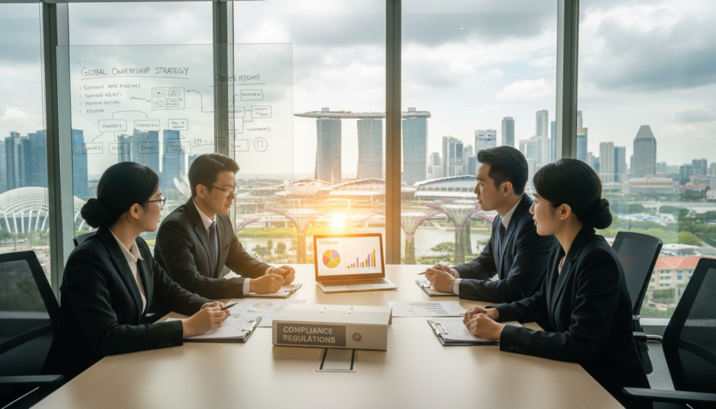 A modern professional office environment, depicting a serious but approachable atmosphere for foreign ownership compliance discussions in Singapore. In the foreground, a diverse group of business professionals in smart business attire, engaged in a meeting around a sleek conference table filled with compliance documents and a laptop displaying compliance charts. In the middle, a large window showcases a panoramic view of Singapore's skyline, with iconic landmarks like Marina Bay Sands and the Gardens by the Bay, lending an air of sophistication. The background includes a whiteboard filled with compliance strategies and charts. Soft, natural lighting filters through the window, creating a calm yet focused mood, with a slight lens flare to emphasize the clarity of purpose in the meeting. A modern professional office environment, depicting a serious but approachable atmosphere for foreign ownership compliance discussions in Singapore. In the foreground, a diverse group of business professionals in smart business attire, engaged in a meeting around a sleek conference table filled with compliance documents and a laptop displaying compliance charts. In the middle, a large window showcases a panoramic view of Singapore's skyline, with iconic landmarks like Marina Bay Sands and the Gardens by the Bay, lending an air of sophistication. The background includes a whiteboard filled with compliance strategies and charts. Soft, natural lighting filters through the window, creating a calm yet focused mood, with a slight lens flare to emphasize the clarity of purpose in the meeting.